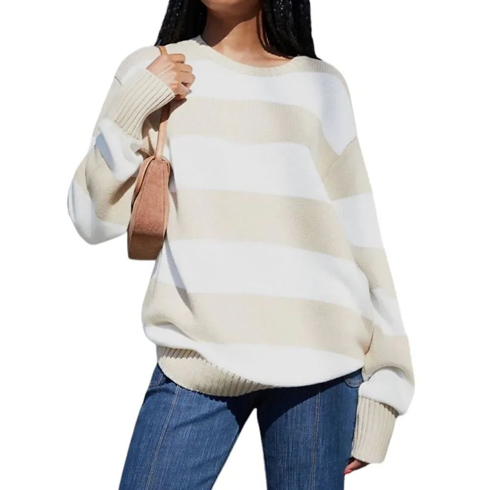 Brandy Melville PacSun Thick Knit Minimalist Neutral Striped Crew Neck S…